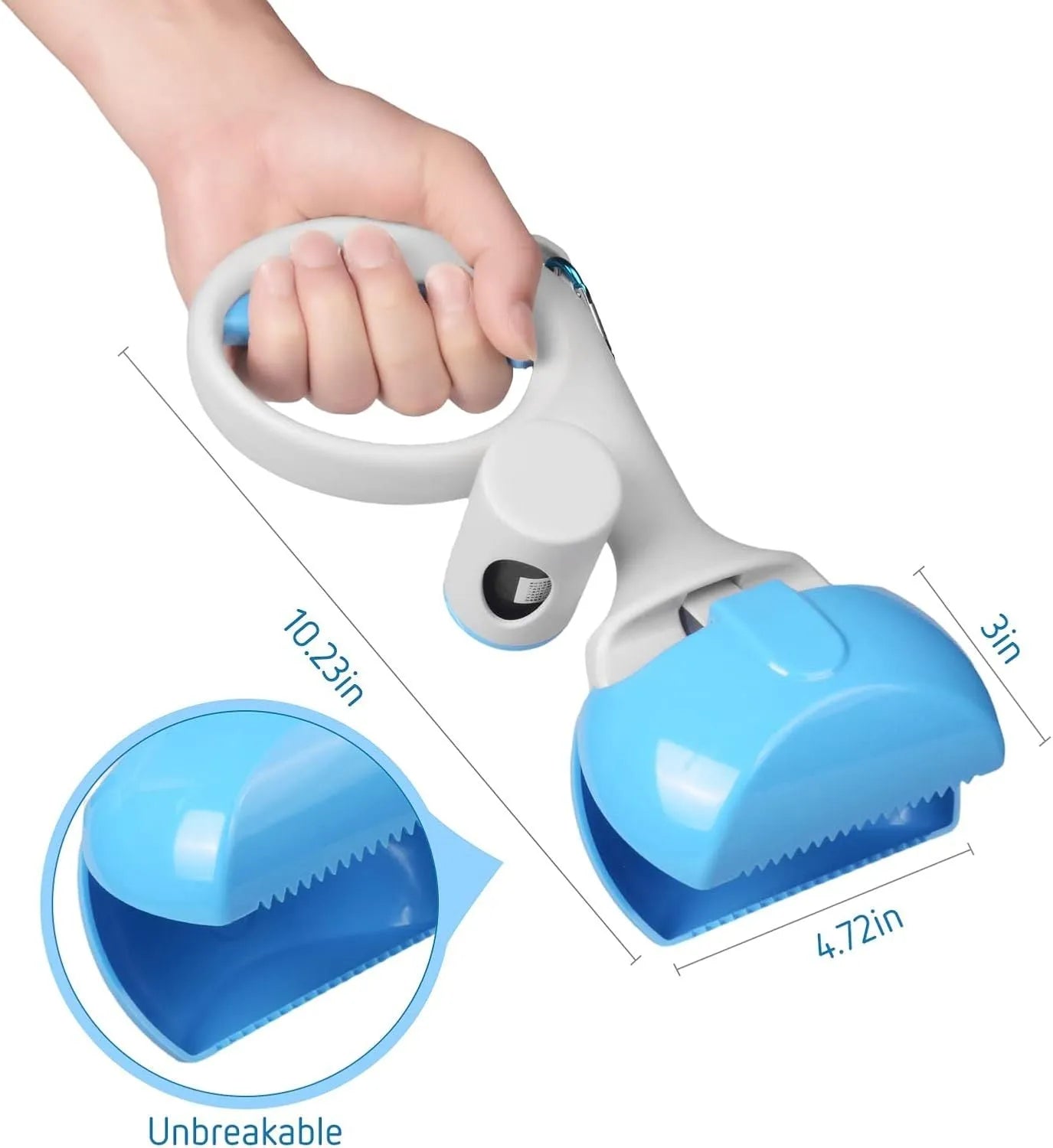 Black ABS plastic pet pooper scooper with integrated trash bag holder and top carry hook