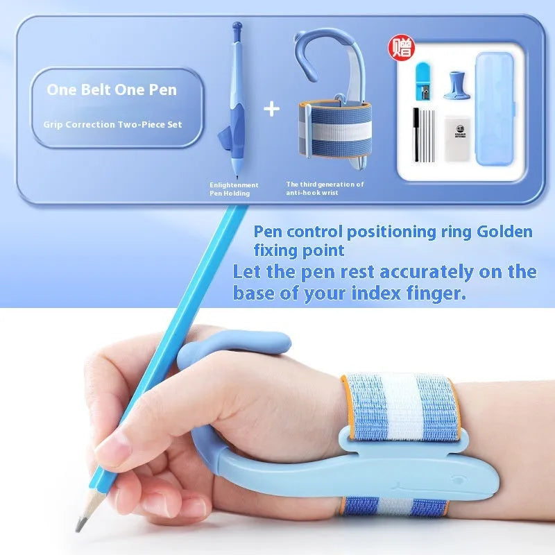 Anti-hook wrist brace pen control corrector for children's handwriting training in blue colour