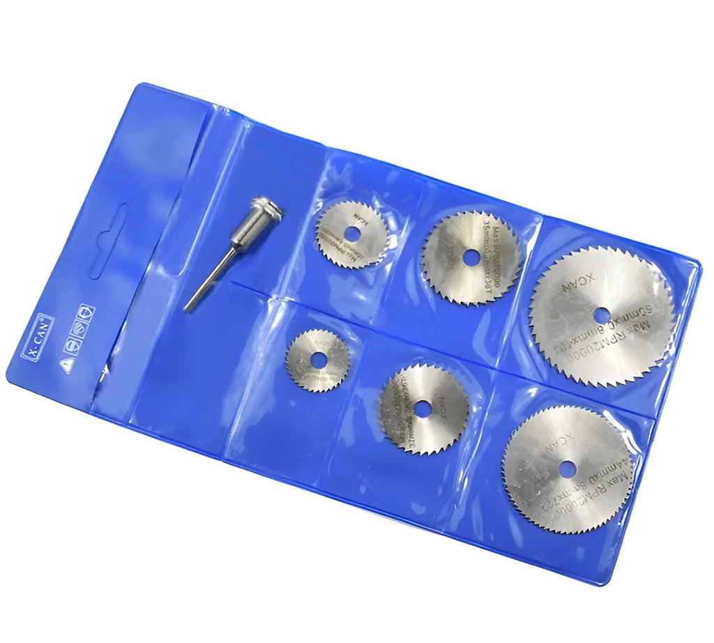 Six circular saw blades with mandrel for woodworking, high-speed steel construction with 10-25mm diameter range