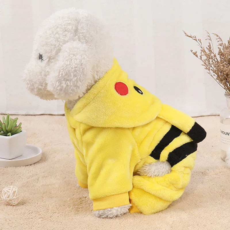 Cute cartoon-style fleece hoodie coat on a small cat or dog for autumn and winter.