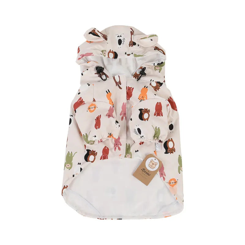 Beige cartoon dog raincoat with double waterproof coating in small animal or cat head design