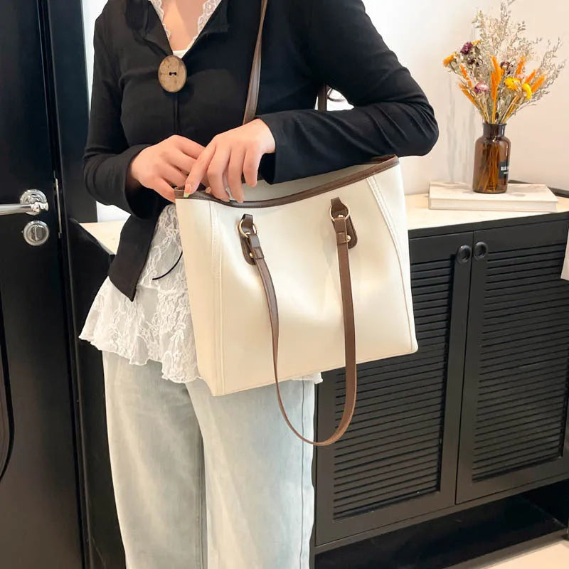 Retro PU leather tote bag in horizontal square shape with internal phone and file compartments