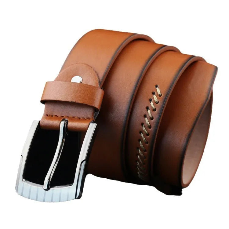 Men's retro styling pin buckle belt in black, brown, and white colour options showing pattern detailing