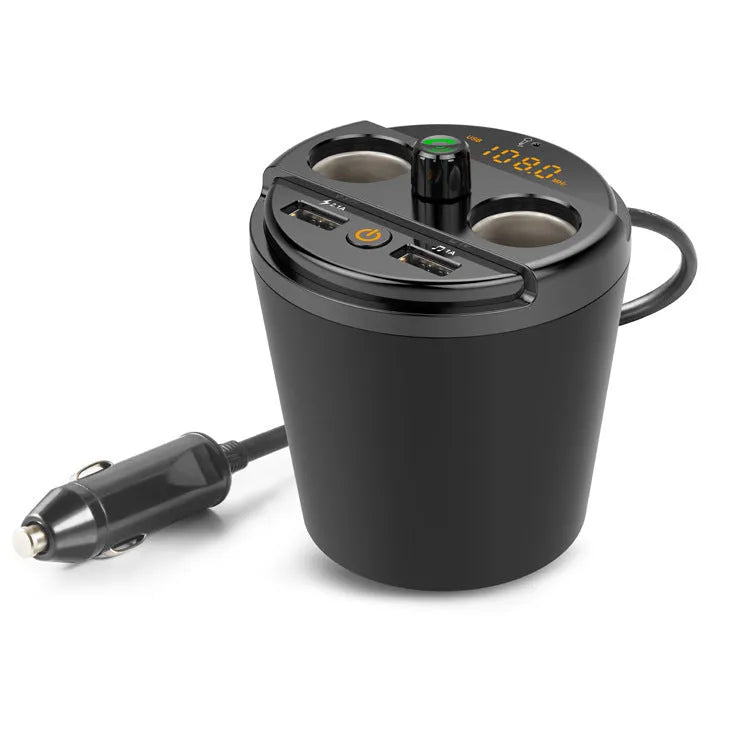Car Bluetooth MP3 player FM transmitter with dual USB charger in cup holder design available in black grey gold