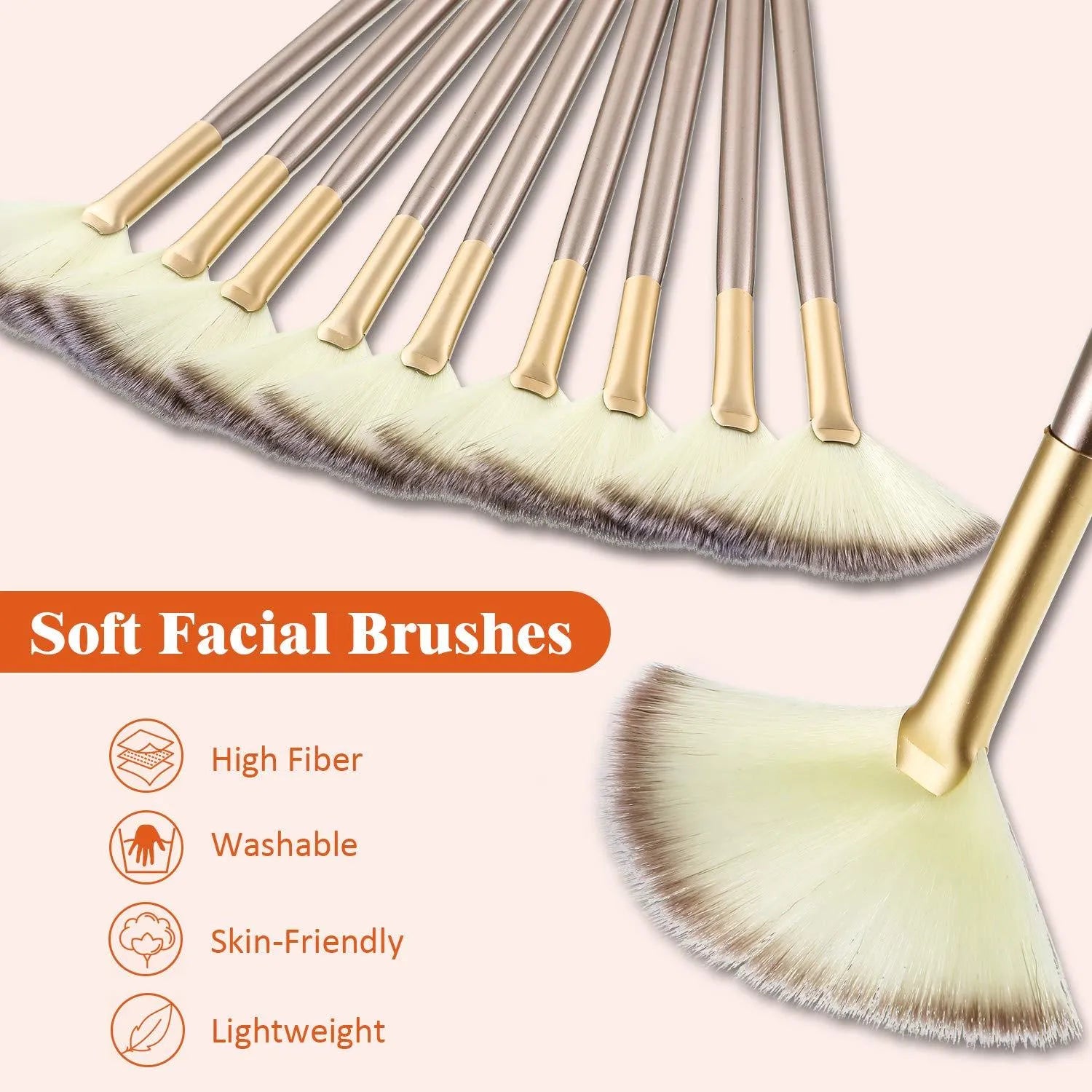 10 professional facial fan brushes with champagne finish and protective covers for mask and makeup application