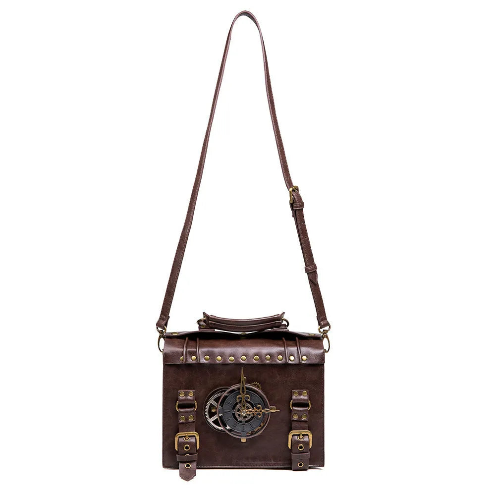 Bronze steampunk style shoulder bag with metal details and a soft pillow bag shape.