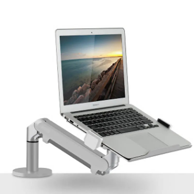 Black aluminium laptop stand with adjustable air pressure arm holding a notebook computer