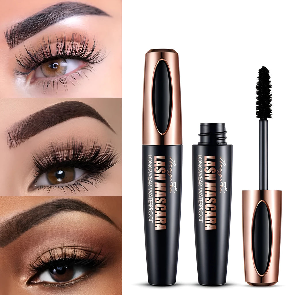 Black waterproof mascara tube for thick, long, curling lashes that resists smudging.