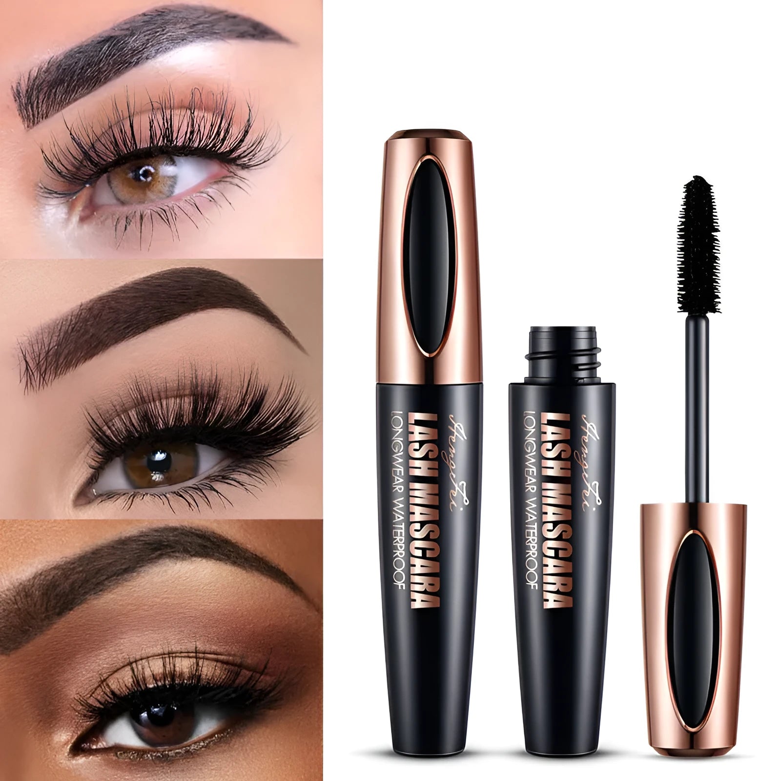 Black waterproof mascara tube for thick, long, curling lashes that resists smudging.
