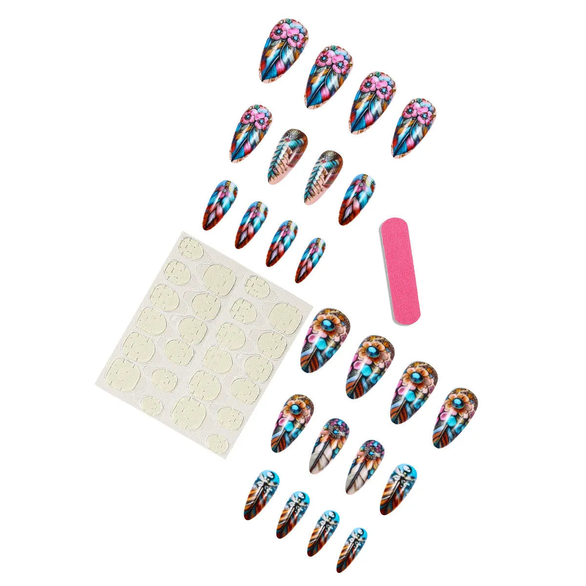 Retro colour feather nail art set with jelly glue burnishing stick and decorative patterns.
