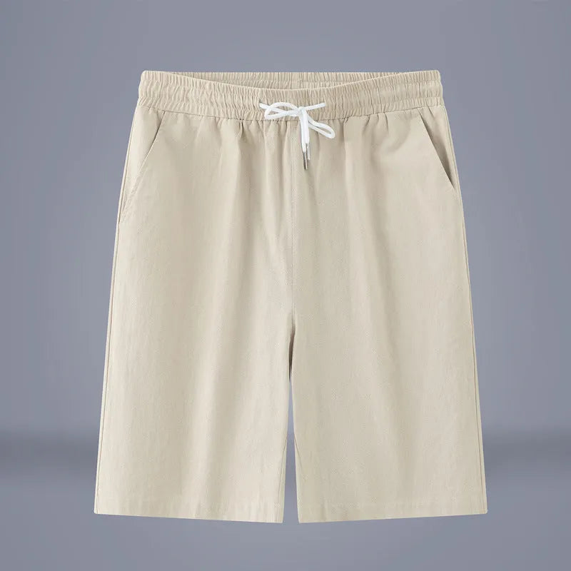 Cotton-linen cropped pants in solid colour with drawstring waist and mid-calf length