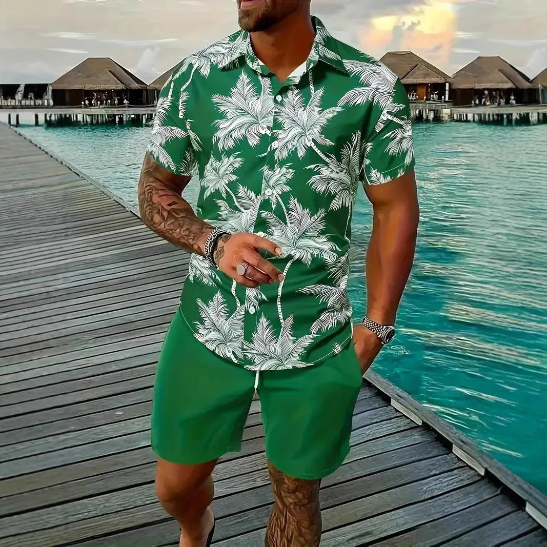 Man wearing a colourful 3D printed Hawaiian shirt and matching shorts casual set.