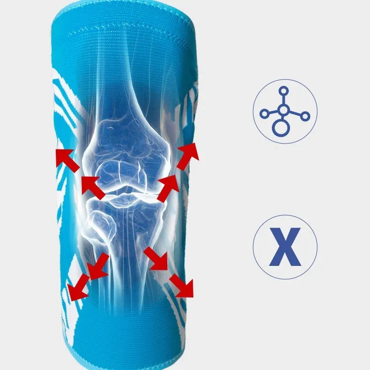 A black nylon compression knee pad for sports, shown laid flat.