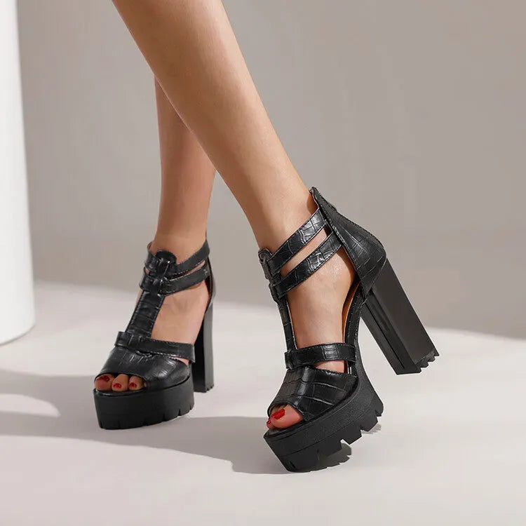A pair of casual platform high heel sandals with a back zipper, shown in black.
