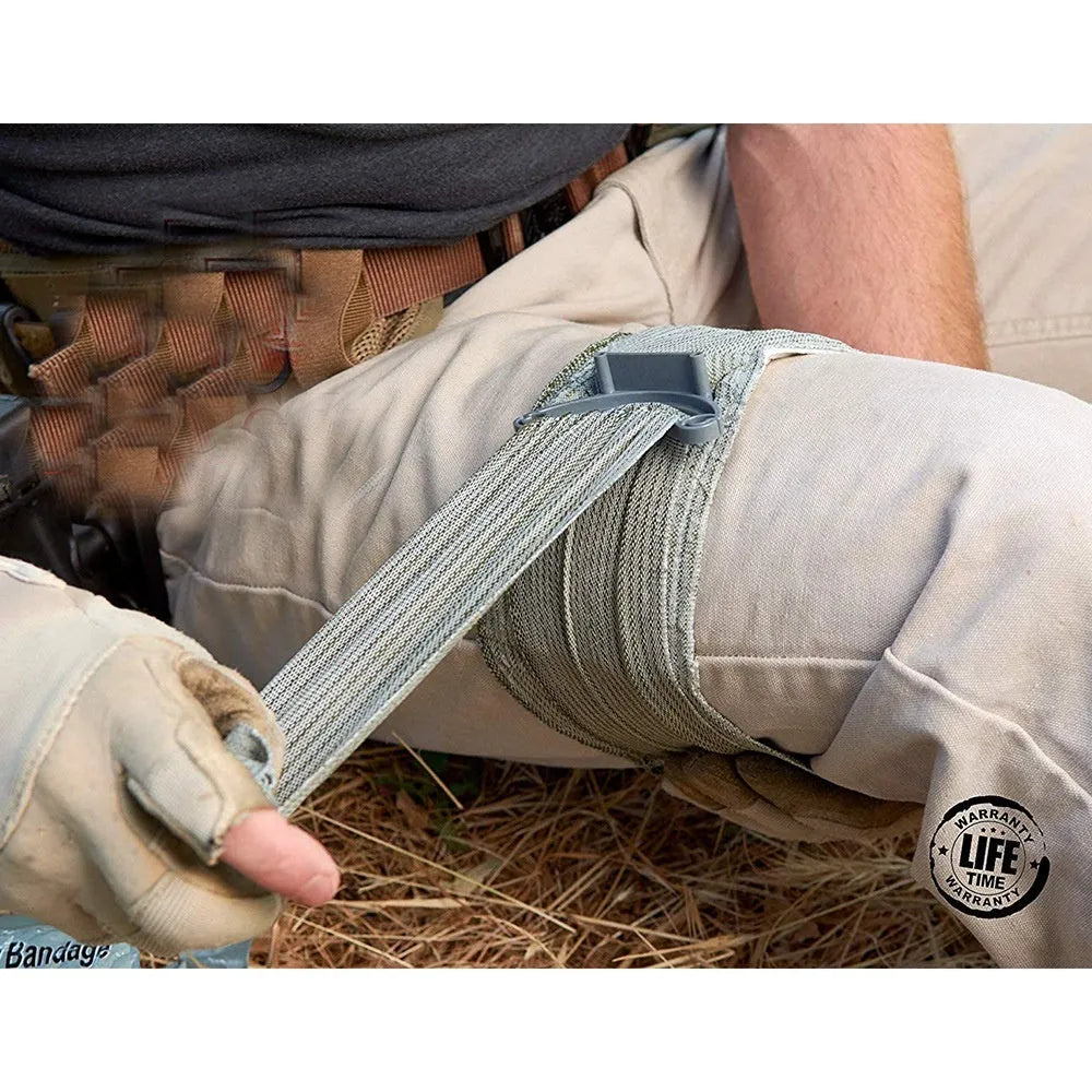 Portable outdoor hemostatic bandage kit with tactical gauze tape in compact packaging