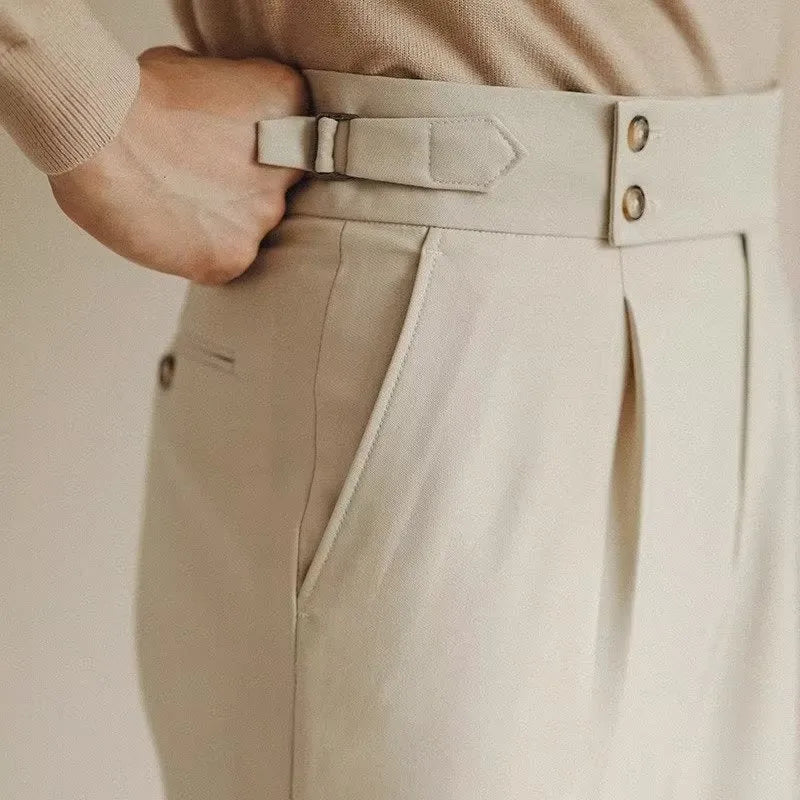 Men's slim fit straight-leg suit trousers in black, white, and apricot colours on a size chart background.