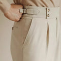 Men's slim fit straight-leg suit trousers in black, white, and apricot colours on a size chart background.