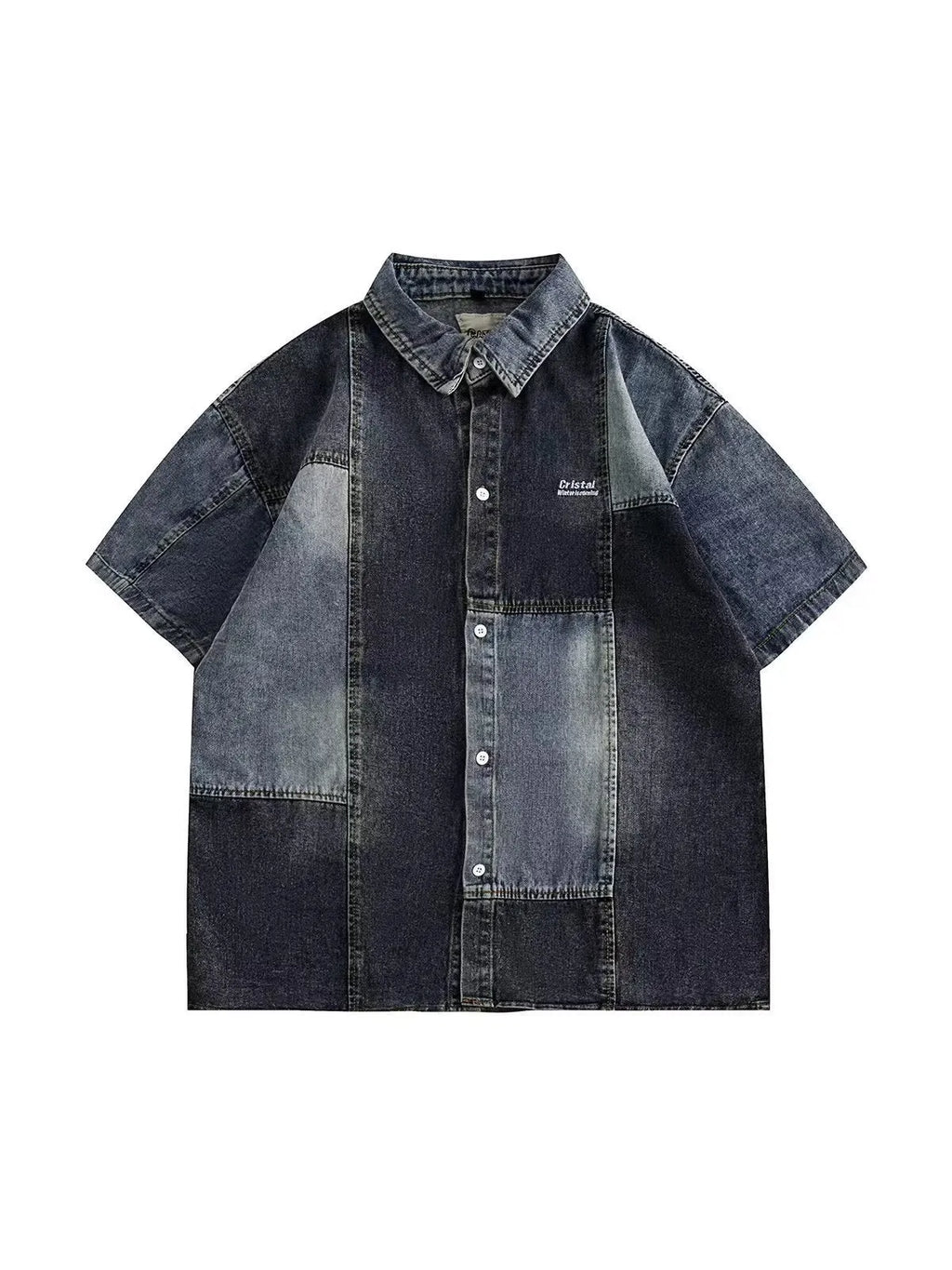 Blue men's loose-fit denim shirt with Japanese retro wash and stitching details, shown open as a cardigan.