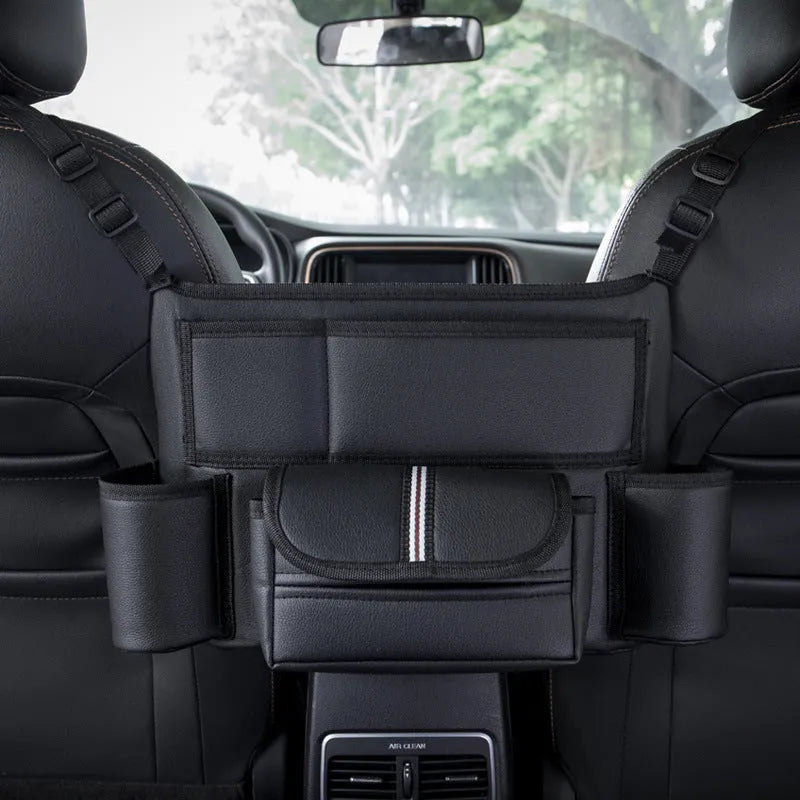 Leather car seat gap organiser with tissue box in black with Classic Lychee, Carbon Fibre, or Fashion Grain patterns