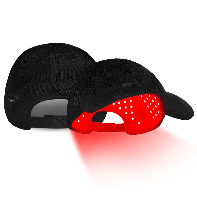 Black infrared peaked cap hair growth device with 180 LED lights and controller for scalp therapy