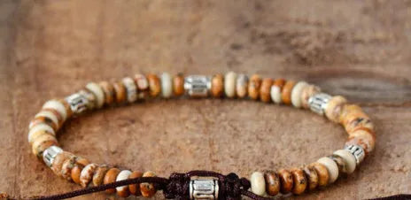 Men's natural gray agate drawing stone turquoise punk bracelet with abacus element on neutral background