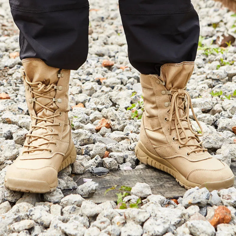 Yulong Combat Boots in black and sand colours, shown as unisex outdoor climbing and tactical desert footwear.