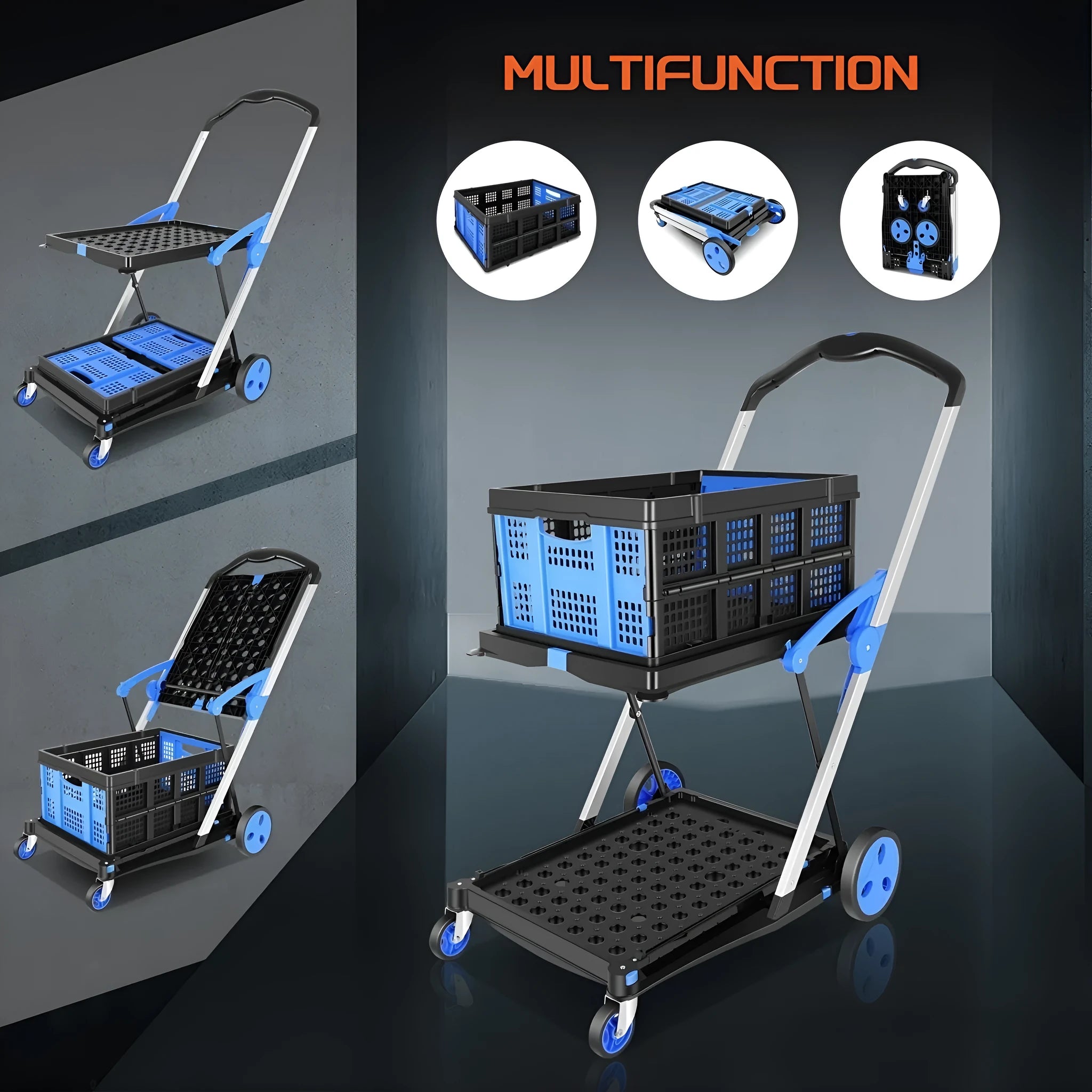 Blue foldable shopping trolley with a double-layer plastic basket and wheels.