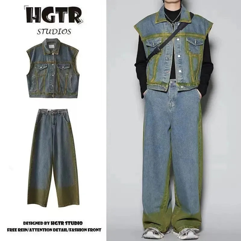 Blue distressed fleece-lined denim vest and jeans two-piece suit set laid flat