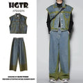 Blue distressed fleece-lined denim vest and jeans two-piece suit set laid flat