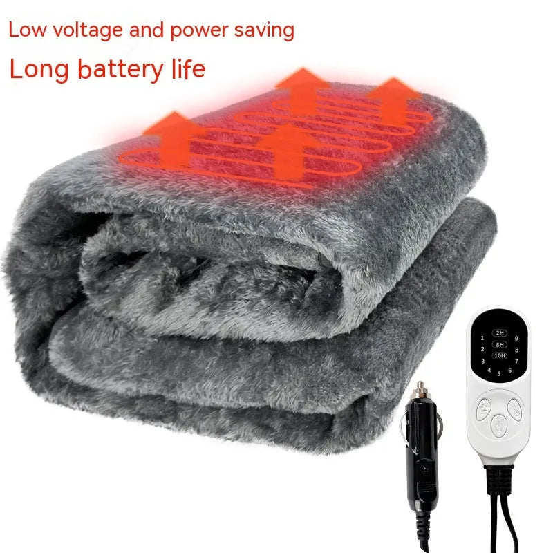 Grey 12V car electric blanket with cigarette lighter plug showing intelligent temperature control panel