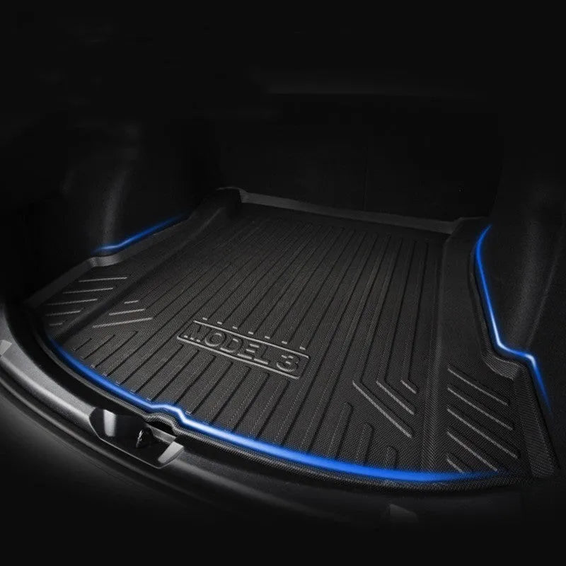 Black rubber floor mats with TPE footrest for Tesla Model 3, Y, X, and S vehicles