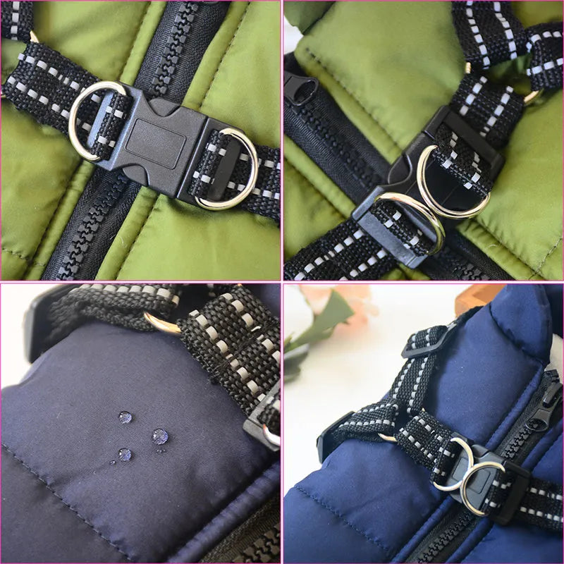 Waterproof dog coat with harness opening in rain silk material available in multiple colours and sizes
