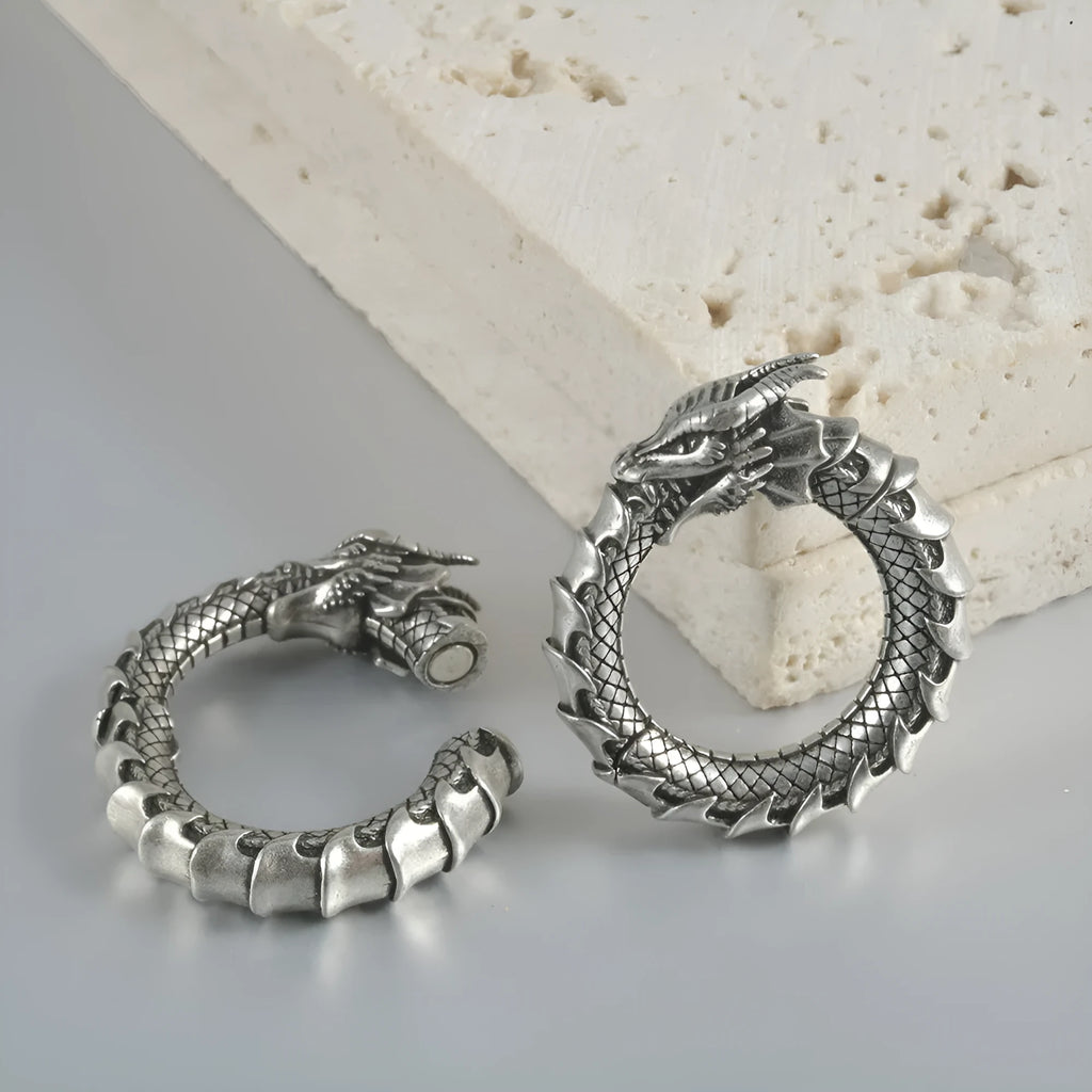 Large hollow out copper auricle alloy earrings with antique silver dragon shape geometric design