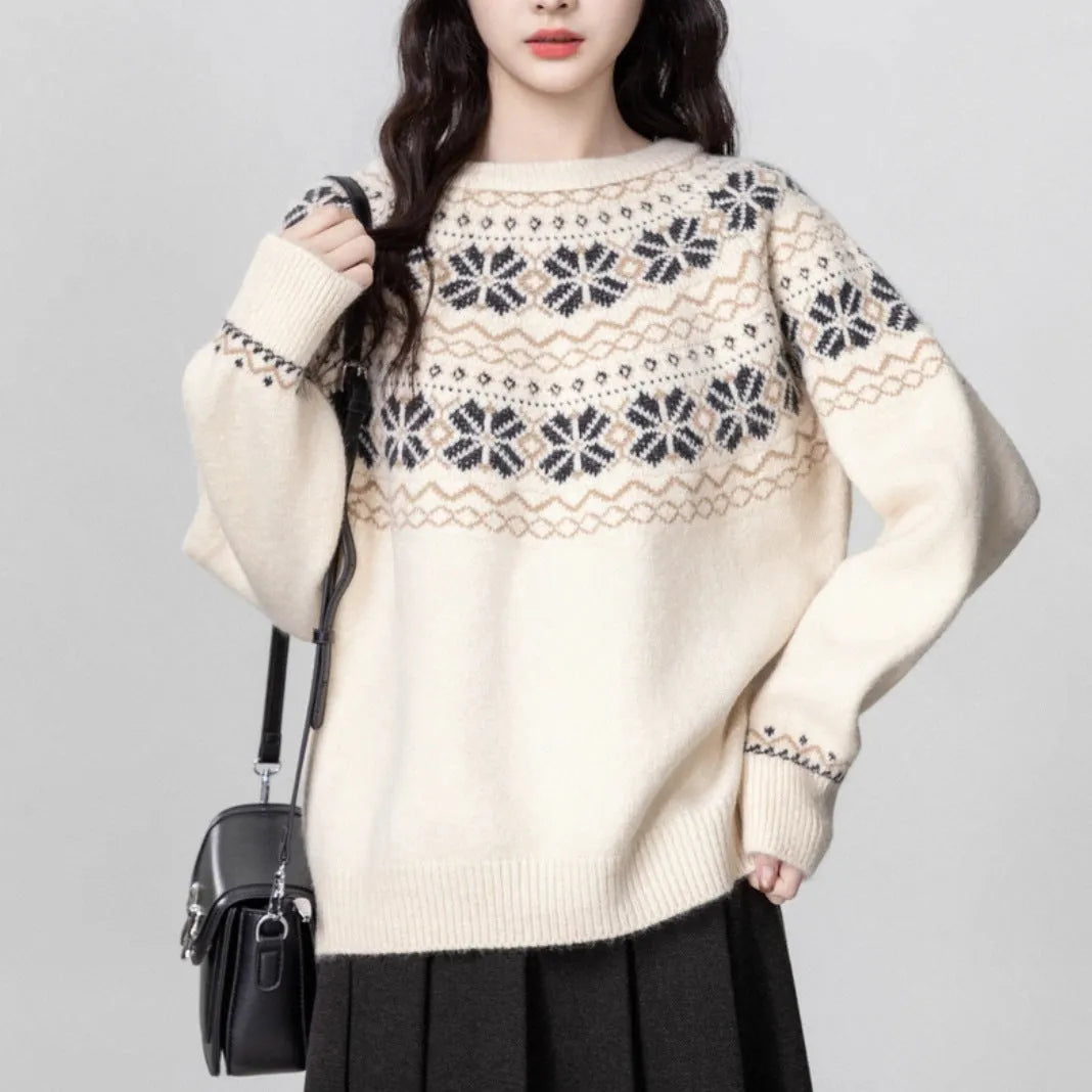Women's milky white Fair Isle geometric pattern pullover sweater with crew neck and long sleeves