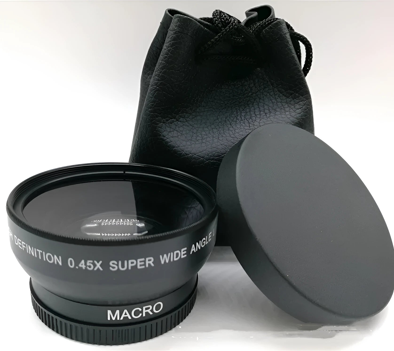 Black 52mm wide-angle macro camera lens with front and back covers on a table