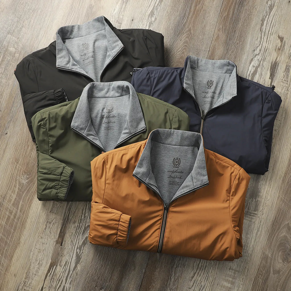 Men's stand collar casual jacket in polyester blend, shown in army green colour.