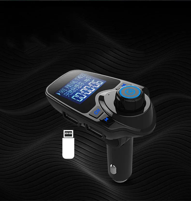 Black G7 model car Bluetooth FM transmitter hands-free kit with USB port and TF card slot.