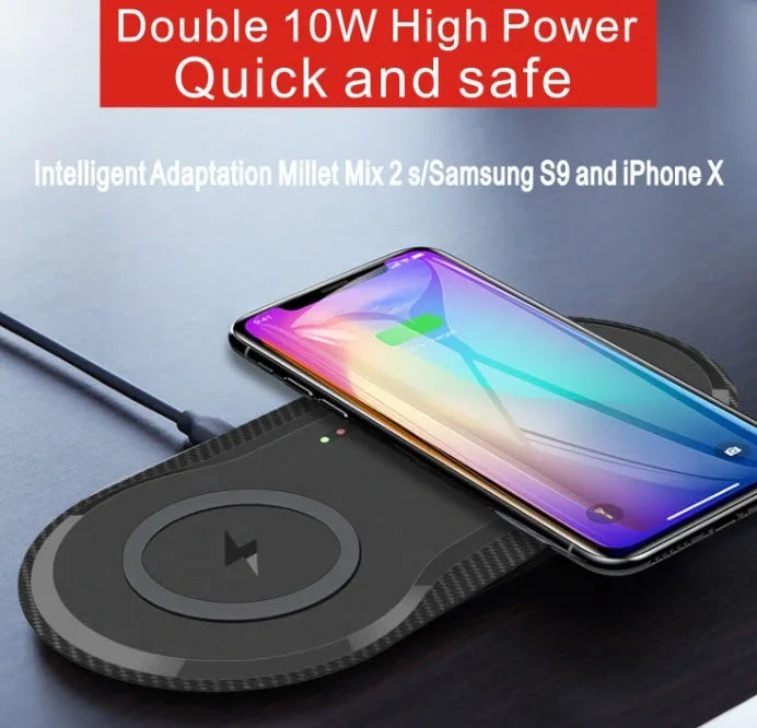 Black and white dual wireless charging pad with two phone charging surfaces and Type-C cable