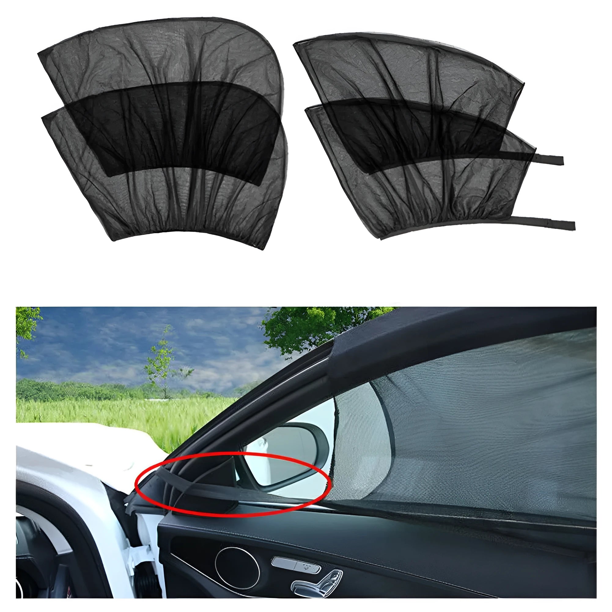 Set of four grey non-woven fabric mesh car side window sunshades with elastic edges.