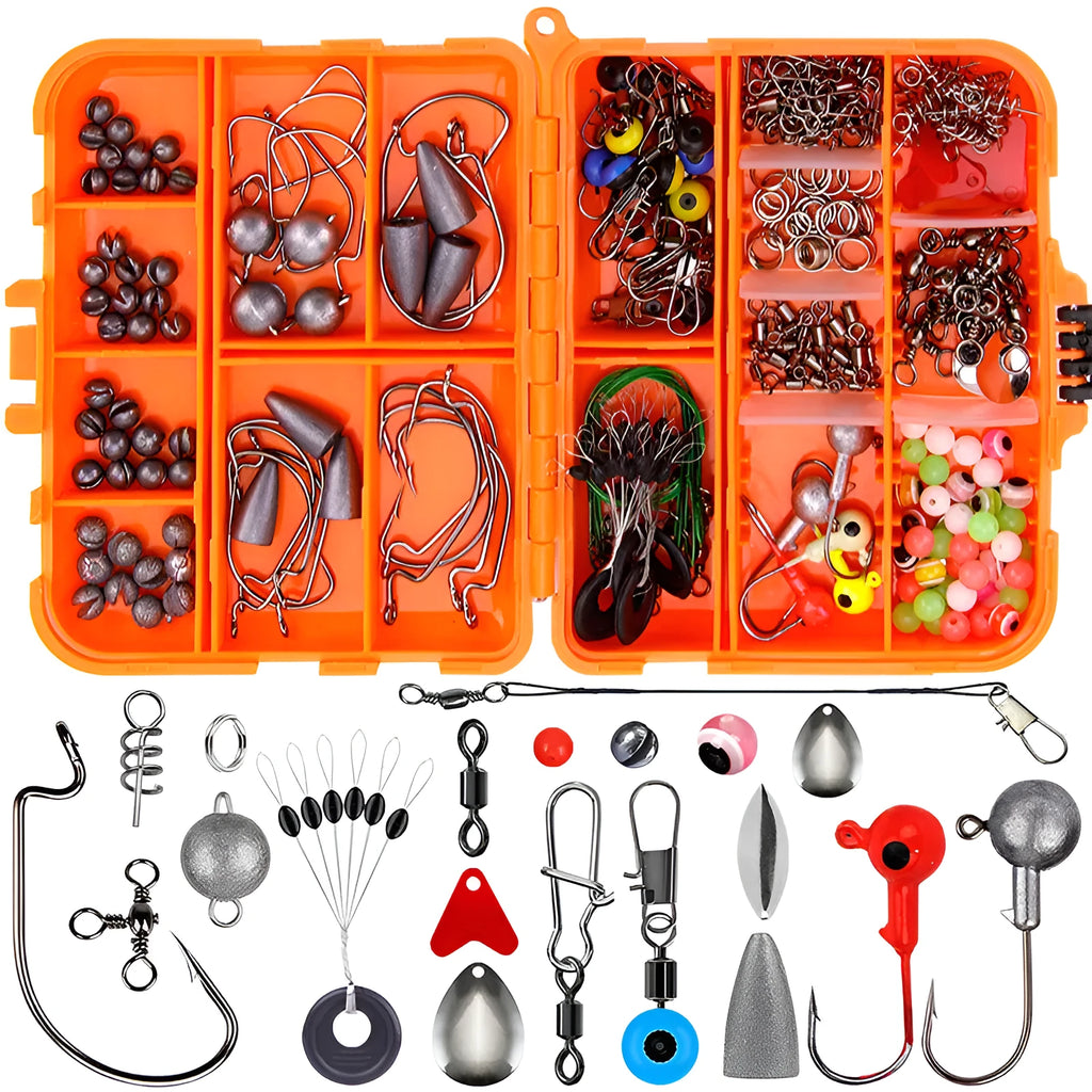 257-piece fishing lure accessories set in organised orange storage box with Texas rig, sea fishing, and rock fishing tackle