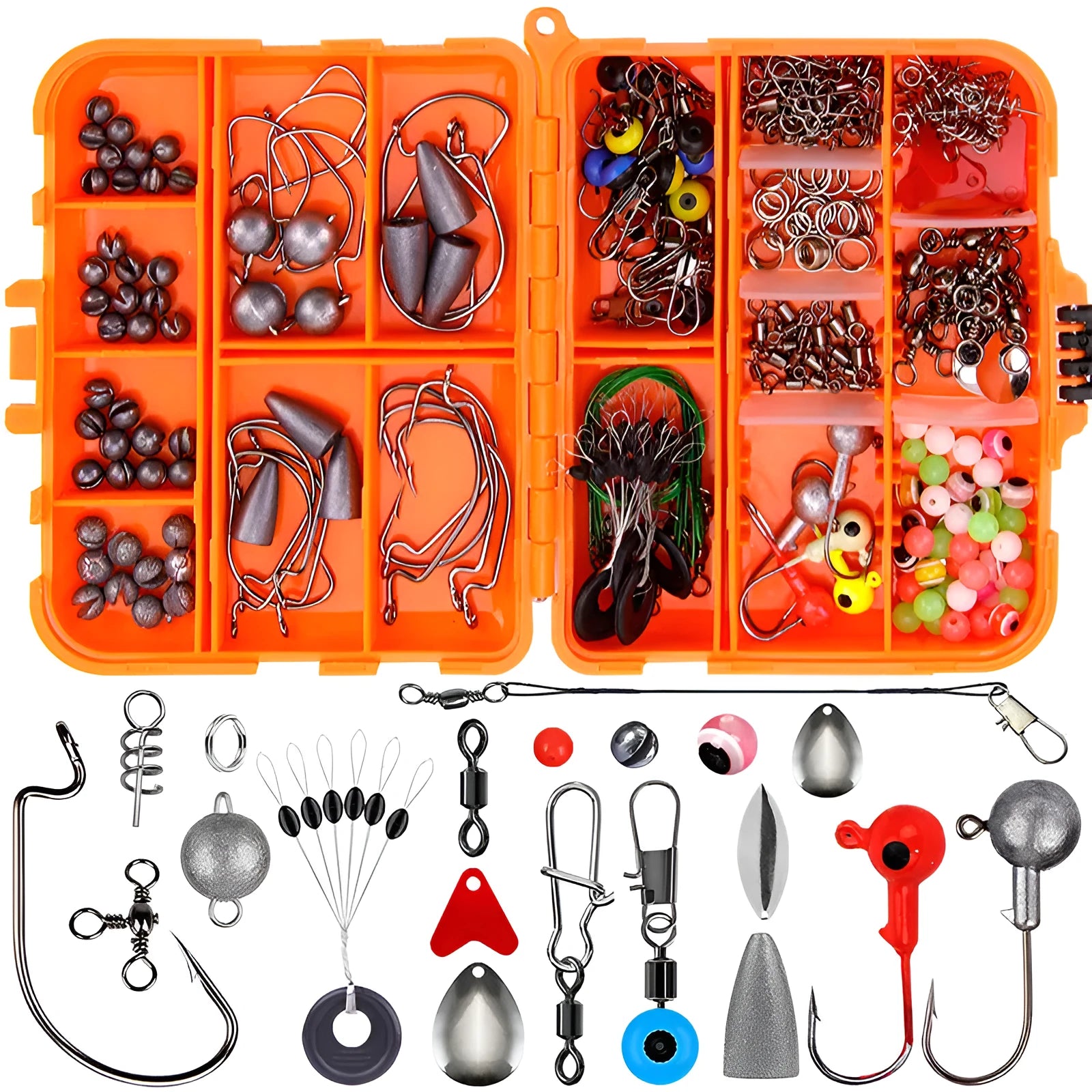 257-piece fishing lure accessories set in organised orange storage box with Texas rig, sea fishing, and rock fishing tackle