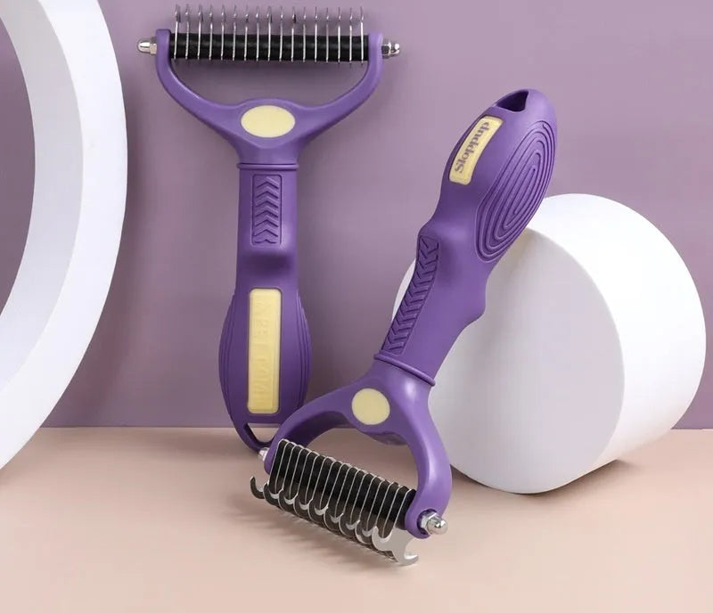 Purple double-sided plastic pet comb for detangling knots on dogs and cats