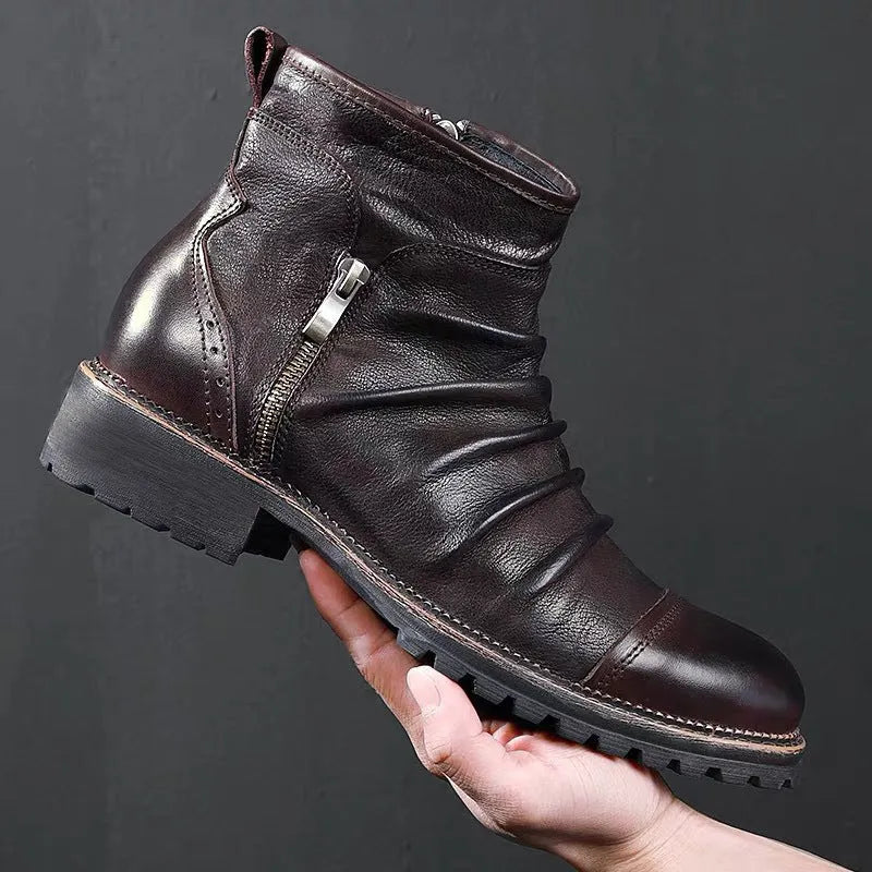 Mid-calf black cowboy boots with side zipper and embossed leather-like finish