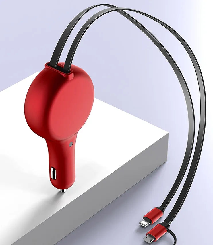 Black retractable dual-port car charger with extended cables showing Type-C and USB charging heads
