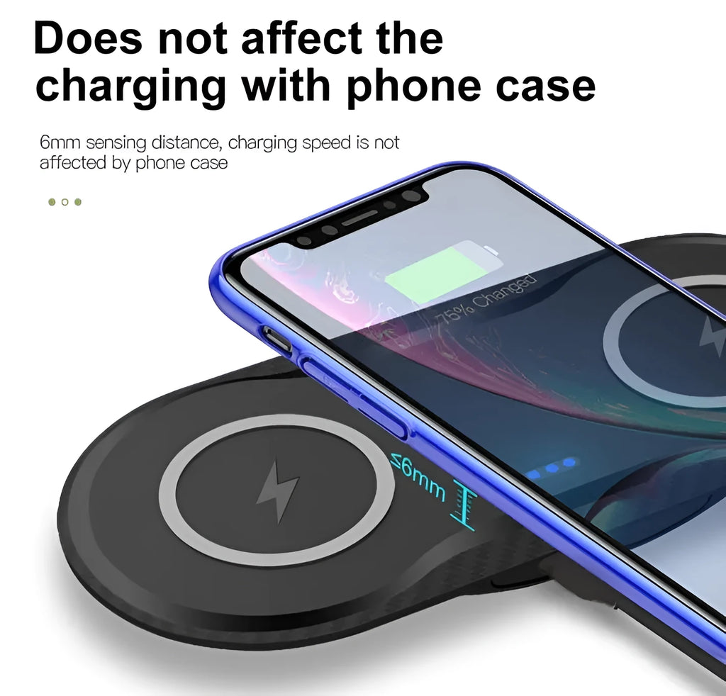 Black and white dual wireless charging pad with two phone charging surfaces and Type-C cable