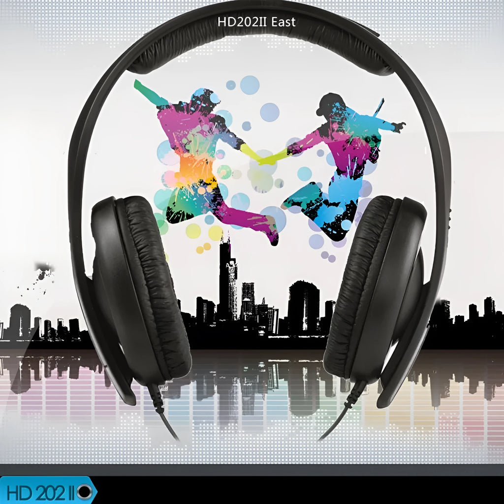 Black head mounted headphones with over-ear cups, a built-in microphone, and a 3.5mm plug.