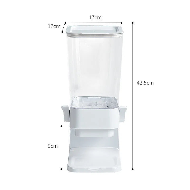 Countertop cereal dispenser in white with clear container and black lever showing chute opening