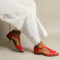 Red plus size ladies' summer sandals with square buckle and herringbone toe holder in sizes 34-43