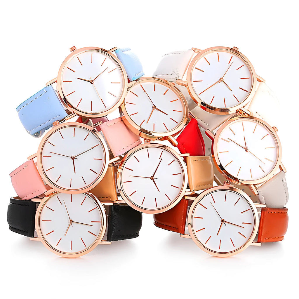 Women's quartz wristwatch round dial 28mm thin case beige strap on white background