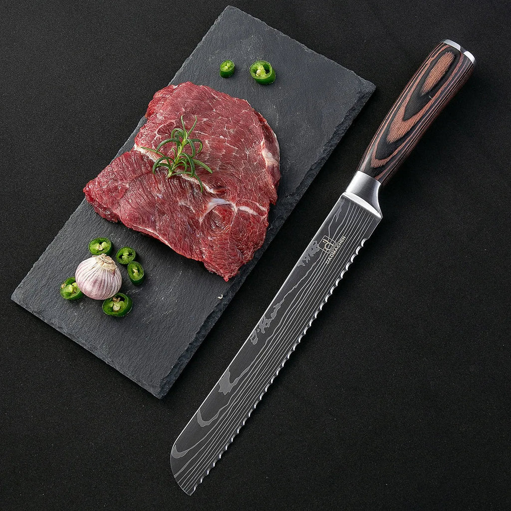 Chef knife with laser Damascus pattern on 18cm 7CR17 steel blade and colour steel handle.